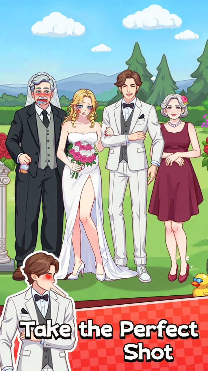 Google Play screenshot with four characters whose hands, faces and clothing need adjustments for a group photograph.
